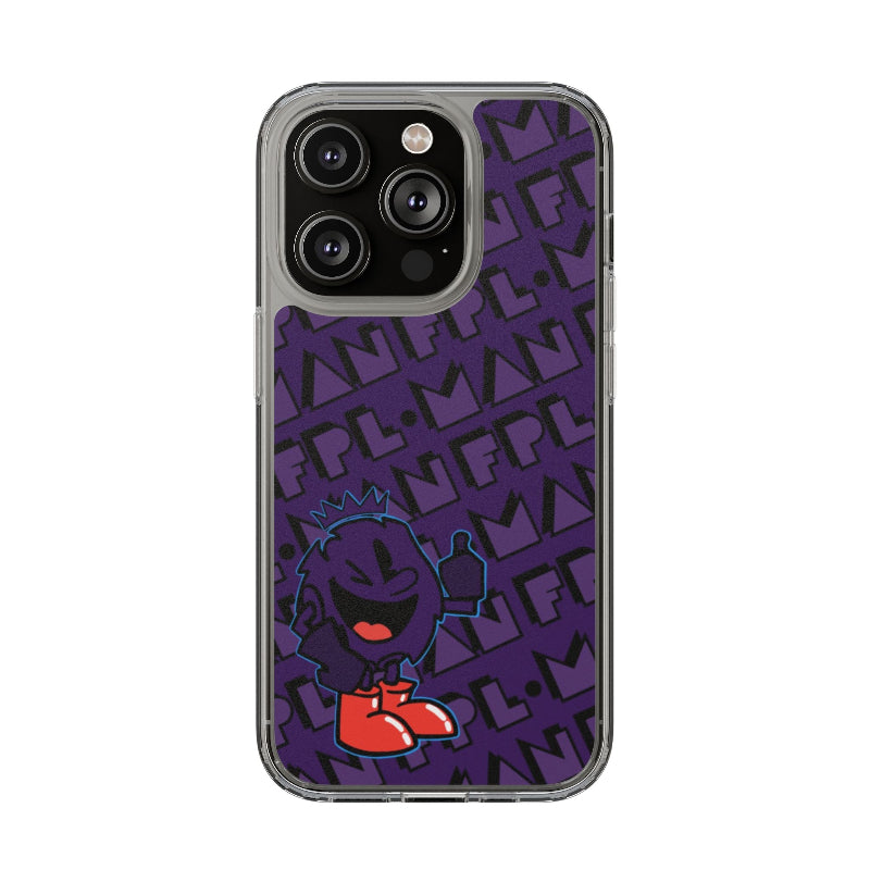 Phone case with a character design on a purple background with text
