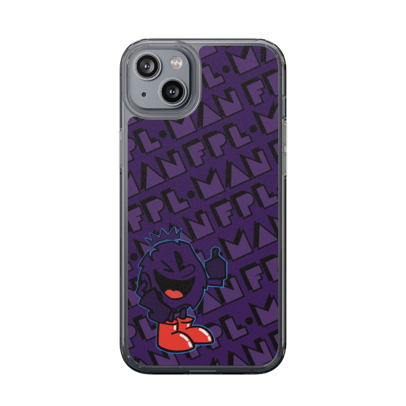 Phone case with a purple background and black text pattern, featuring a cartoon character at the bottom.