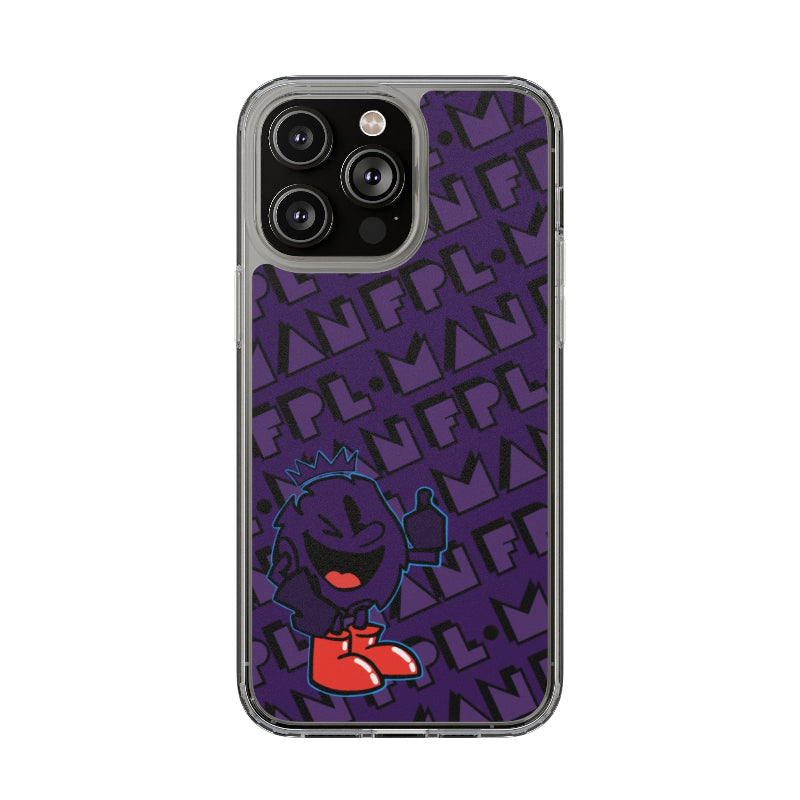 Phone case with a purple design featuring a character and text on a white background