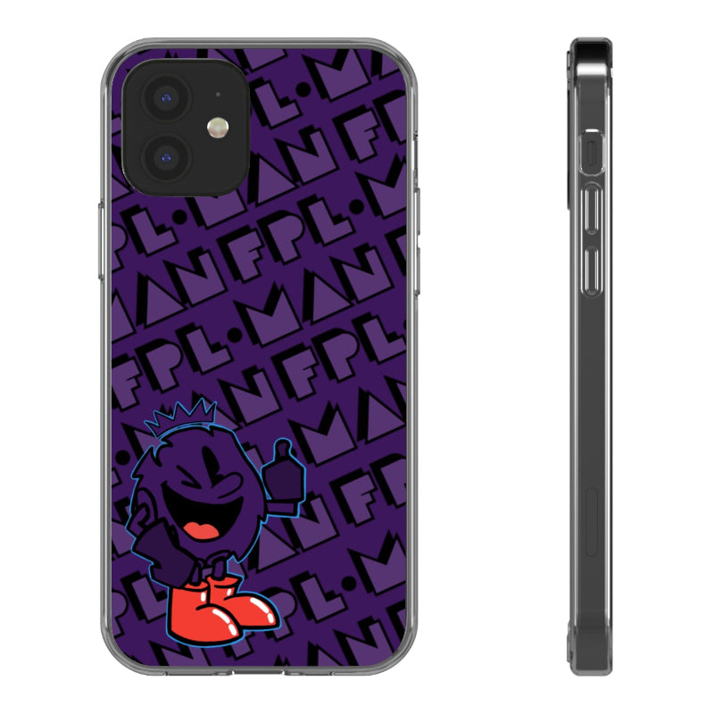 Phone case with purple and black design featuring a cartoon character on a white background