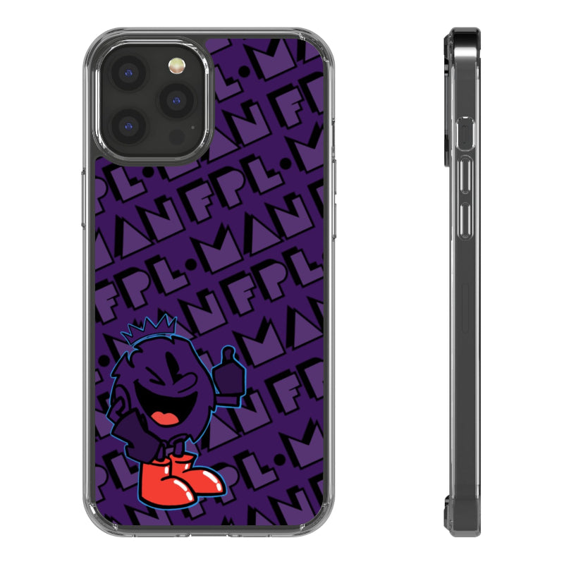 Phone case with a purple character and text pattern on a white background