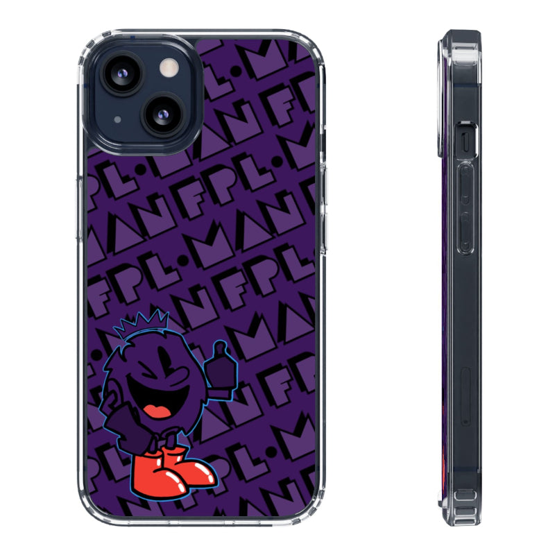Phone case with a purple character design and text on a white background