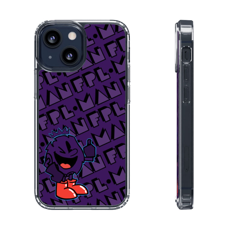 Phone case with a purple design featuring a cartoon character on a white background
