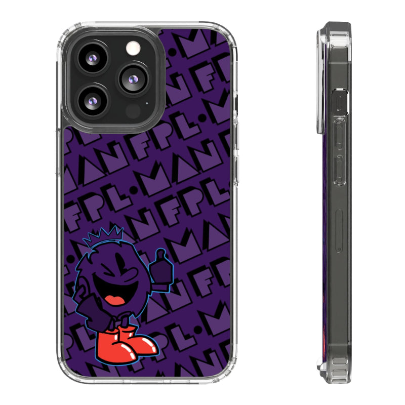 Phone case with a purple design featuring a character and text, shown from multiple angles.