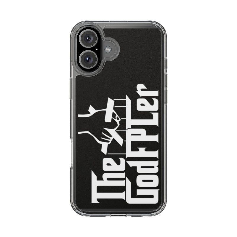 Phone case with 'The Godfather' logo on a black background