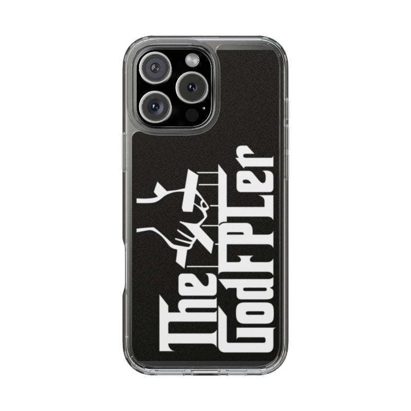Phone case with 'The Godfather' logo on a black background