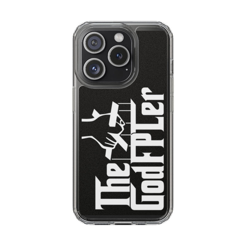 Phone case with 'The Godfather' logo on a black background