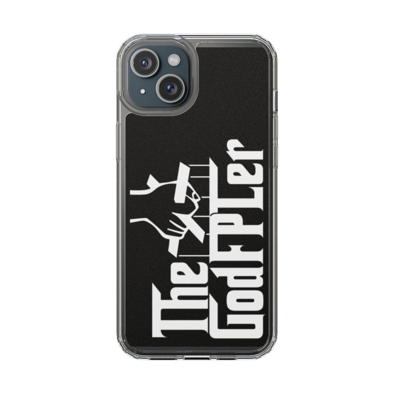 Phone case with 'The Godfather' logo on a black background