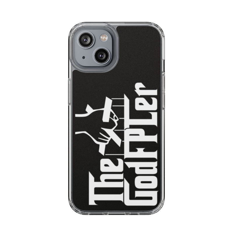 Phone case with 'The Godfpler' logo on a black background