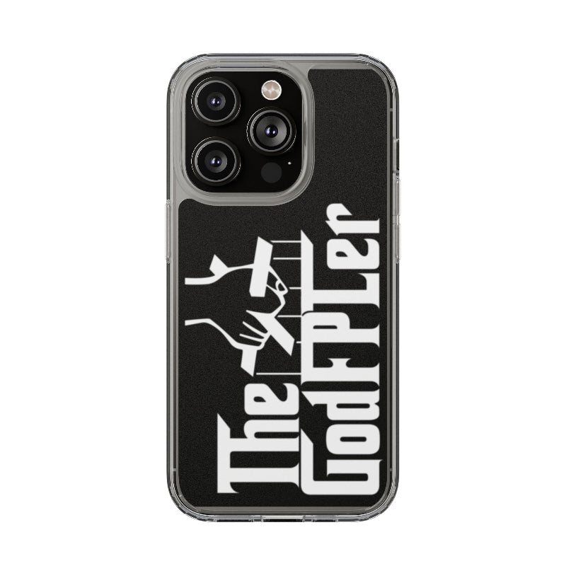Phone case with 'The Godfpler' logo on a black background
