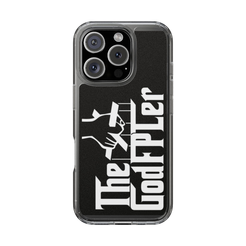 Phone case with 'The Godfather' logo on a black background