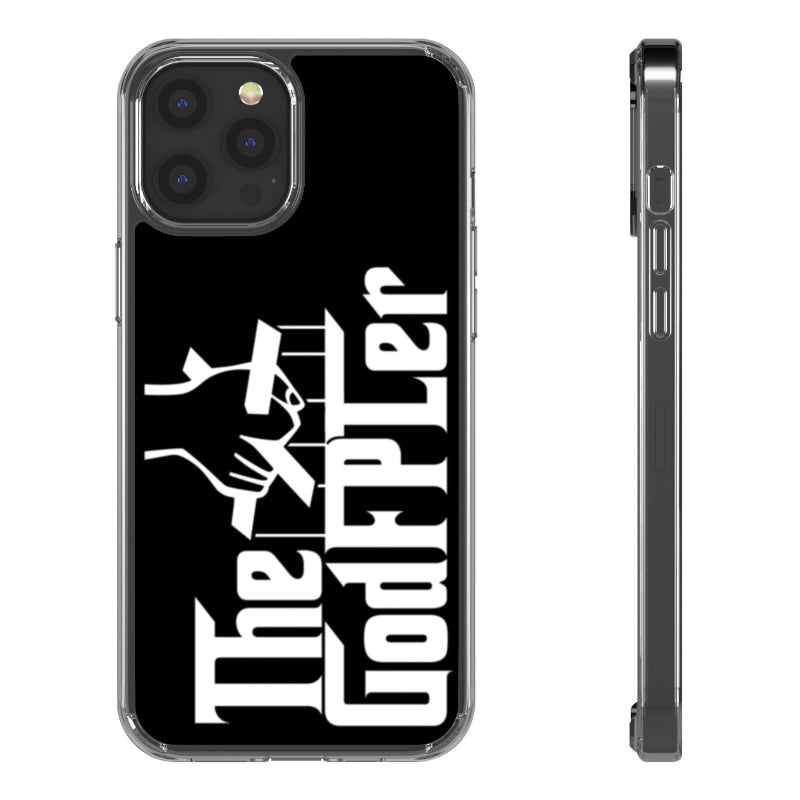 Phone case with 'The Godfather' logo on a black background