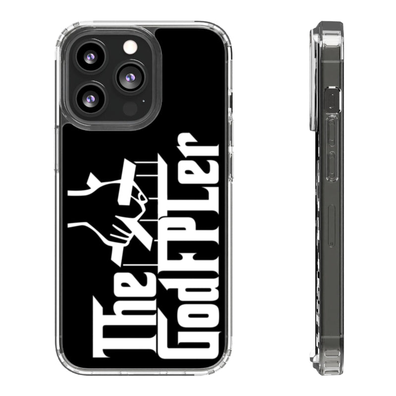 Phone case with 'The Godfather' logo on a black background