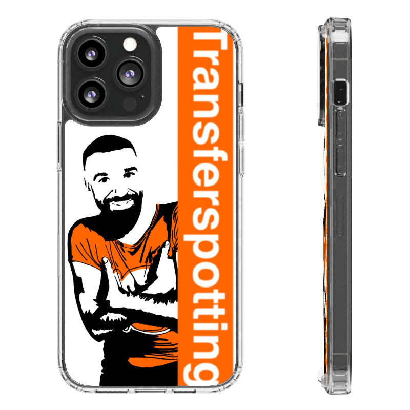 Phone case with a person and 'Transferspotting' text on an orange background