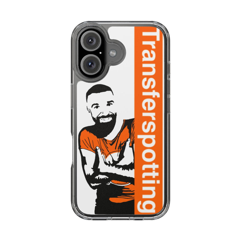 Phone case with a person in an orange shirt and 'Transferspotting' text on a white background