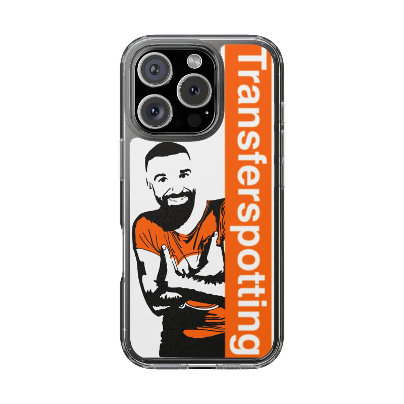 Phone case with a person in an orange shirt and 'Transferspotting' branding on an orange background