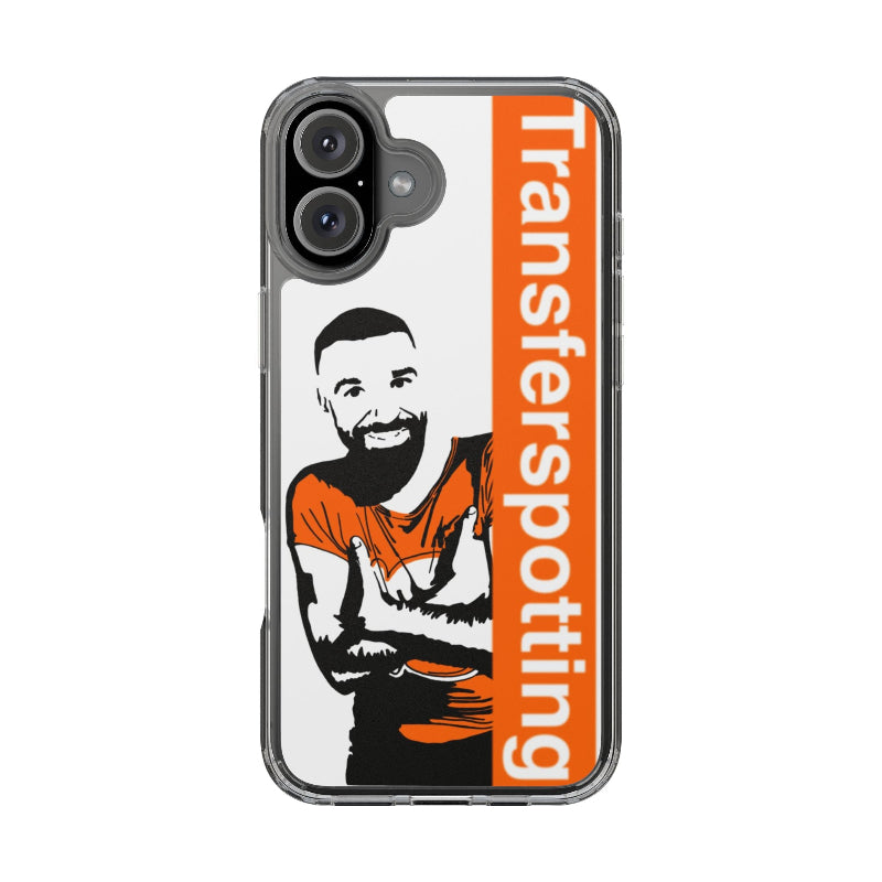 Phone case with a person in an orange shirt and 'Transferspotting' text on a white background