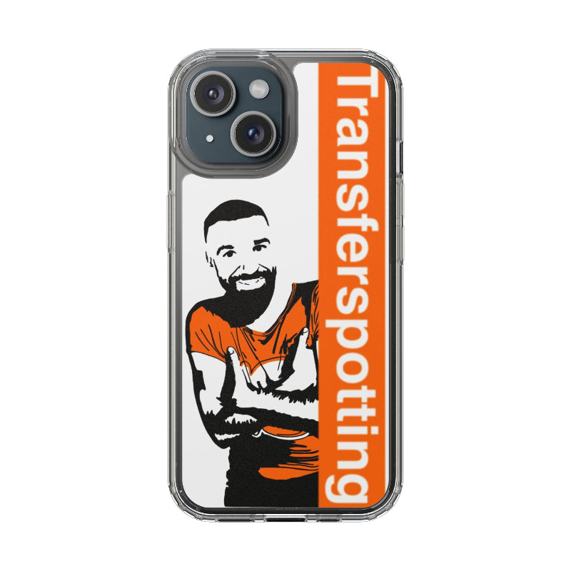 Phone case with a person in an orange shirt and 'Transferspotting' text on a white background