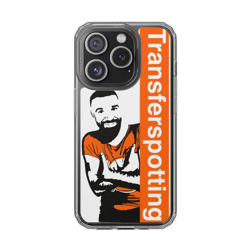 Phone case with a person and 'Transferspotting' text on an orange background
