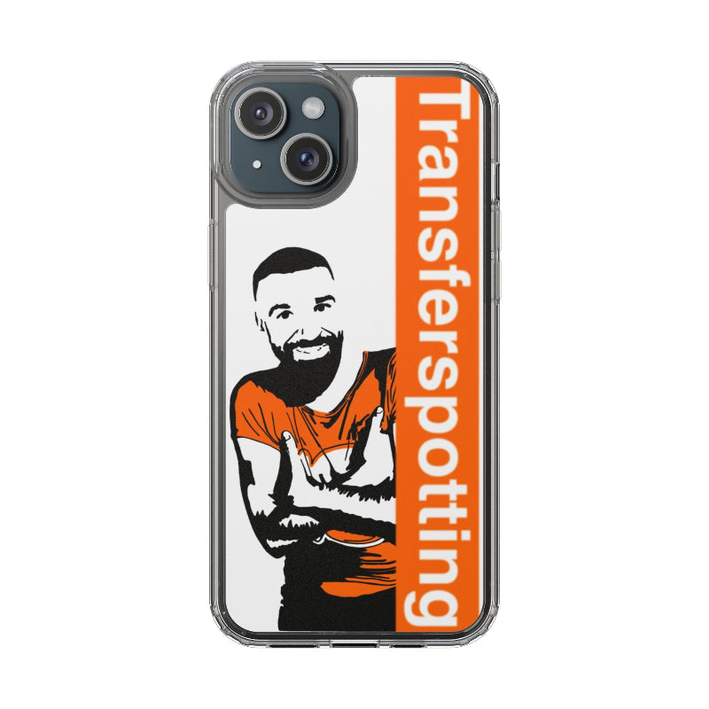 Phone case with a graphic of a person and 'Transferspotting' text on an orange background