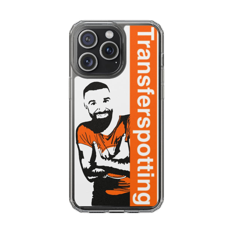 Phone case with a person and 'Transferspotting' text on an orange background