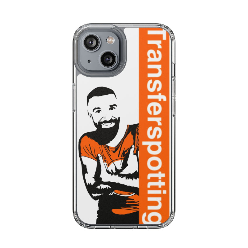 Phone case with a graphic of a person in an orange shirt and 'Transferspotting' text on an orange background