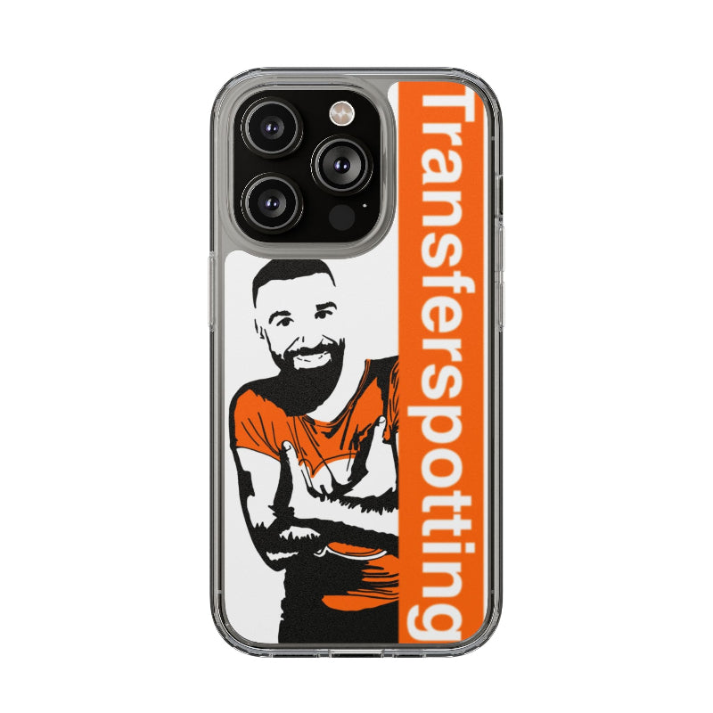 Phone case with a graphic of a person and 'Transferspotting' text on an orange background