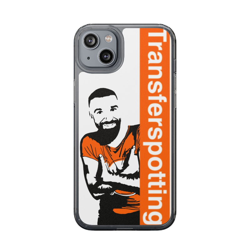 Phone case with a graphic of a person and 'Transferspotting' text on an orange background