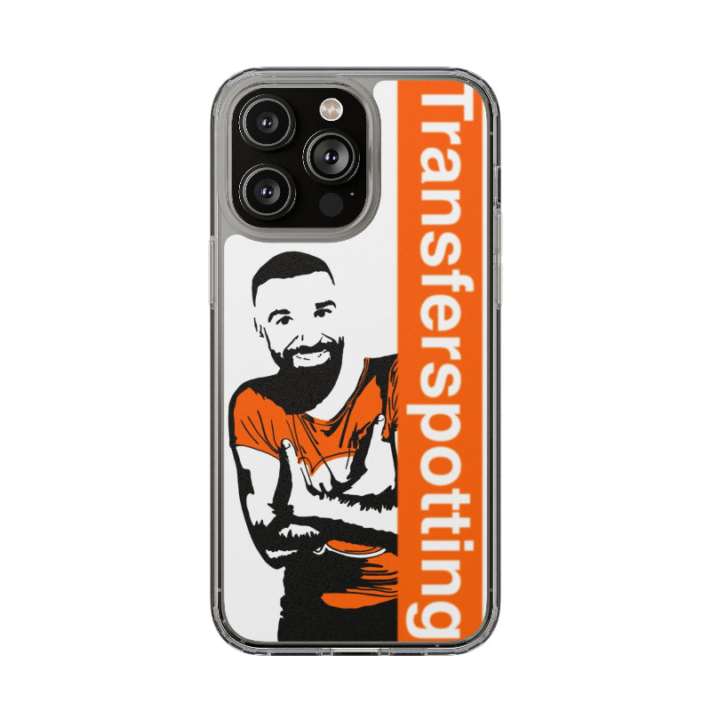Phone case with a stylized illustration of a man and 'Transferspotting' branding on an orange and black background.