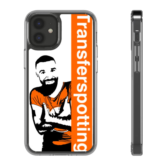 Phone case with a person's portrait and 'Transferspotting' text on an orange background