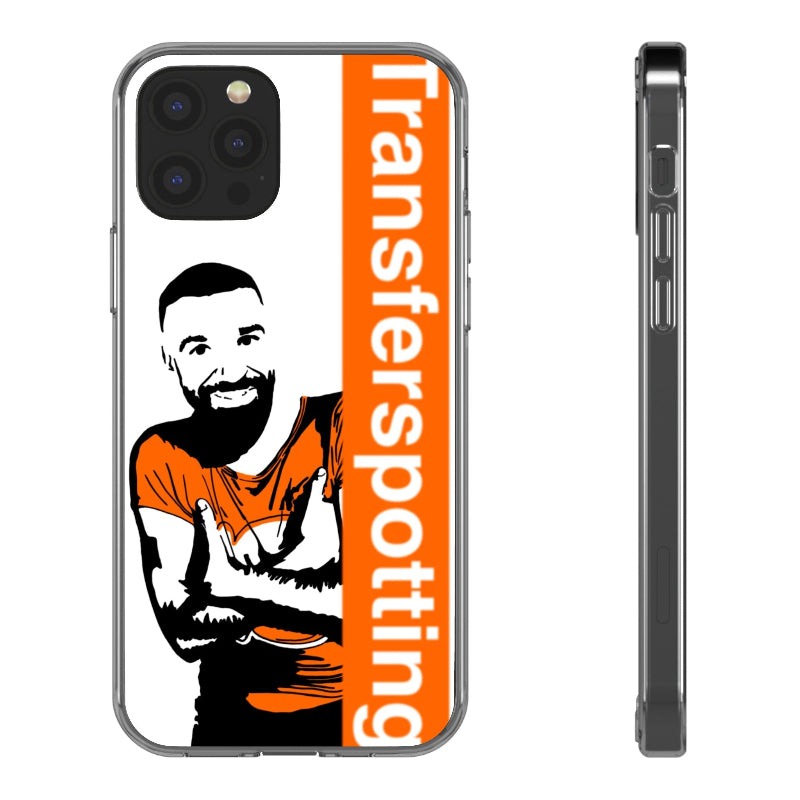 Phone case with a person in an orange shirt and 'Transferspotting' text on an orange background