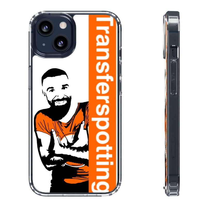 Phone case with a graphic of a person and 'Transferspotting' text on an orange background