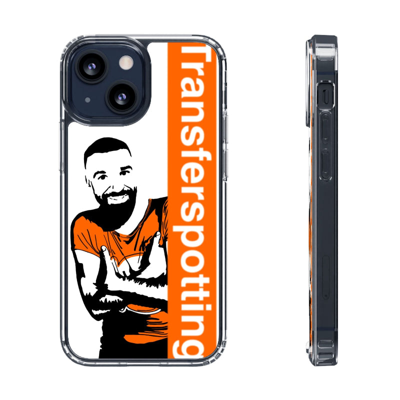 Phone case with a graphic of a man and the text 'Transferspotting' on an orange background