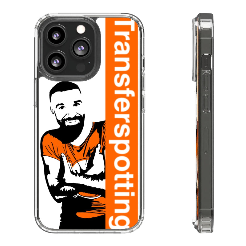 Phone case with a graphic of a person and 'Transferspotting' text on an orange background