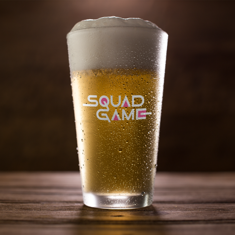Squad Game text on full pint glass