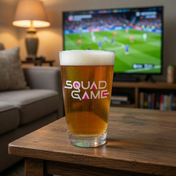 Glass of beer with 'Squad Game' text in front of a TV showing a sports game in a living room.