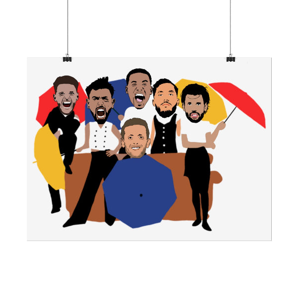 Cartoon illustration of five men on a couch with colorful circles around them