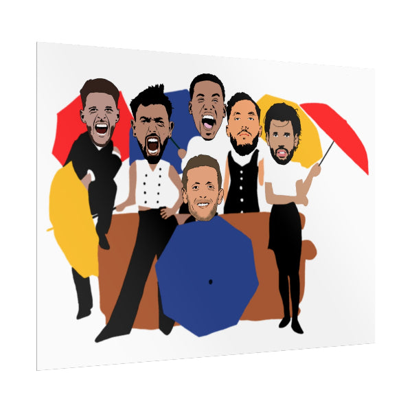 Illustration of a group of men with colorful circles around them on a white background