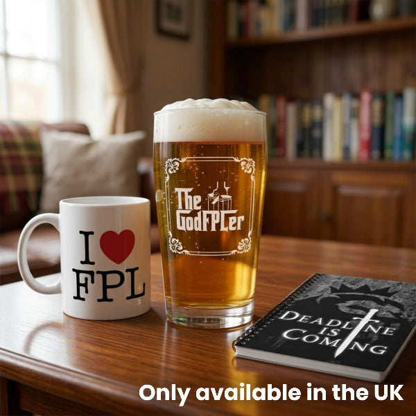 GodFPLer pint glass, I Love FPL mug and Deadline Is Coming notebook laid out together as a top three FPL mini-league prize bundle