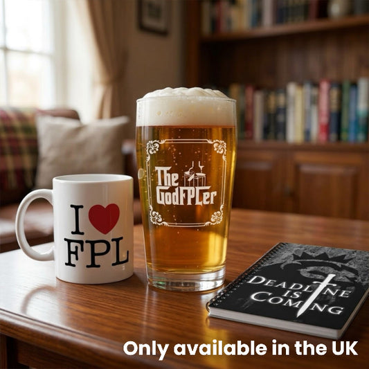 GodFPLer pint glass, I Love FPL mug and Deadline Is Coming notebook laid out together as a top three FPL mini-league prize bundle