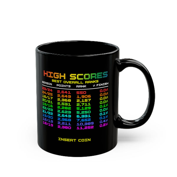 White mug printed with a personalised FPL high-score table showing best overall ranks in rainbow arcade colours