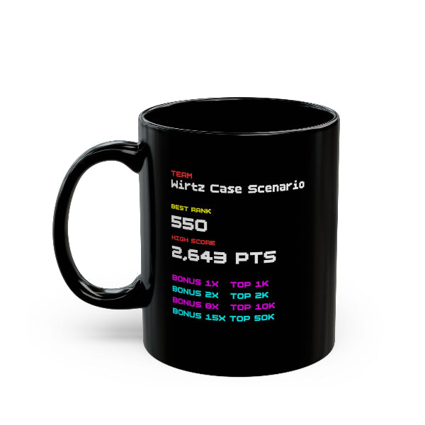 White mug printed with a personalised FPL high-score table showing best overall ranks in rainbow arcade colours