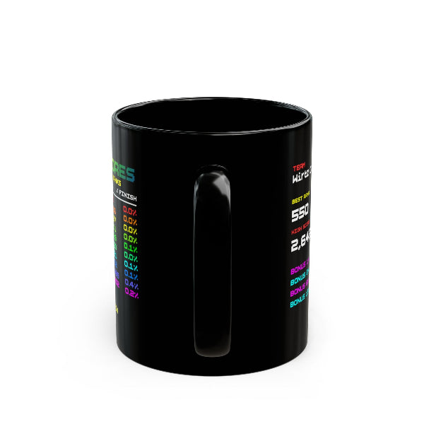 White mug printed with a personalised FPL high-score table showing best overall ranks in rainbow arcade colours