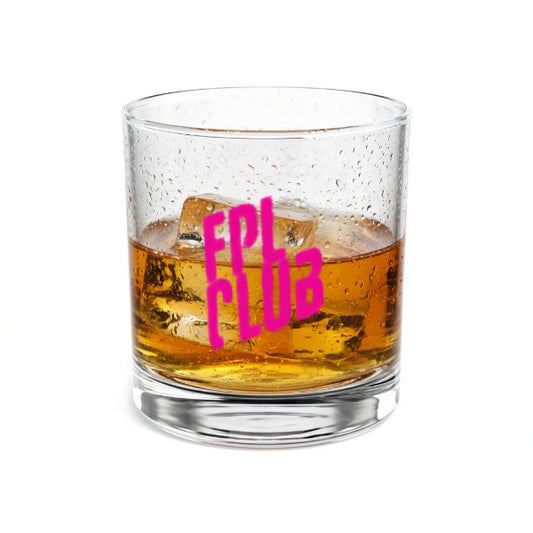 Clear glass with amber liquid and pink text on a white background