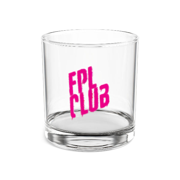 Clear glass tumbler with pink 'FPL CLUB' text on a white background