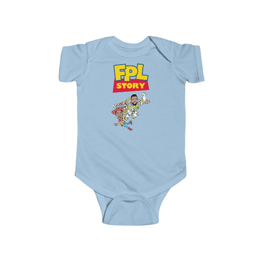 Light blue baby onesie with cartoon characters and 'FPL Story' text on a white background