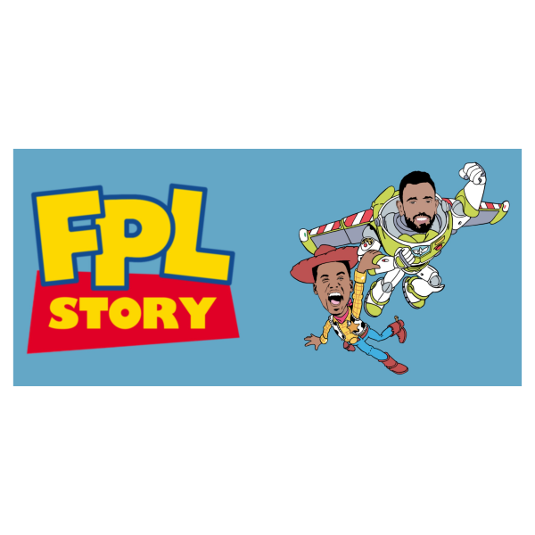 Cartoon characters on a blue background with 'FPL Story' text