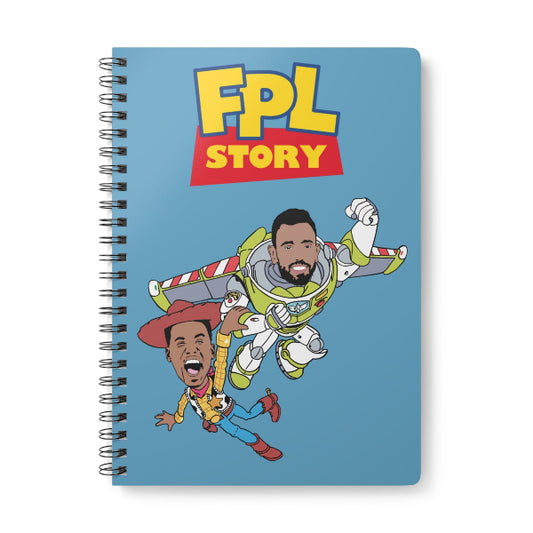 Notebook with cartoon characters on a blue background