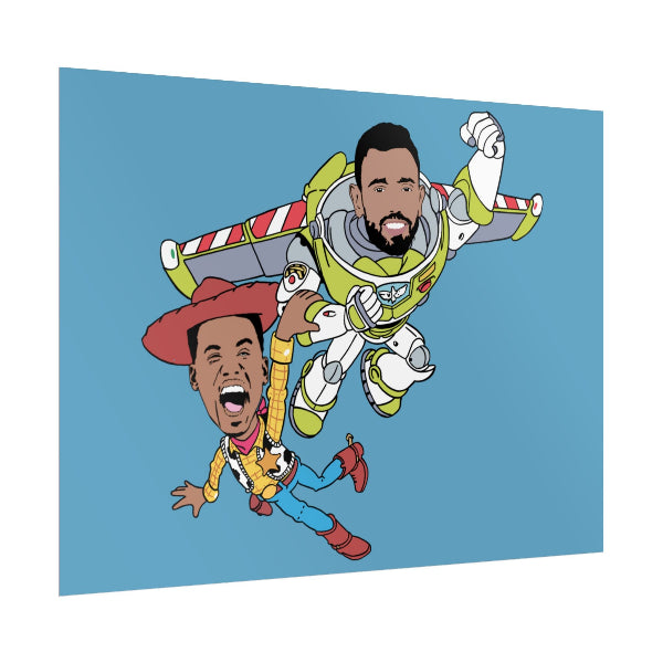 Cartoon characters on a blue background