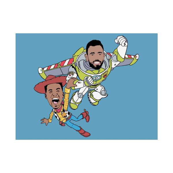 Illustration of a Bruno Fernandes as Buzz Lightyear costume with Gabriel as Woody on a blue background